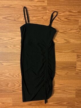 Black Spaghetti Strap Drawstring Bodycon Knit Mini Dress